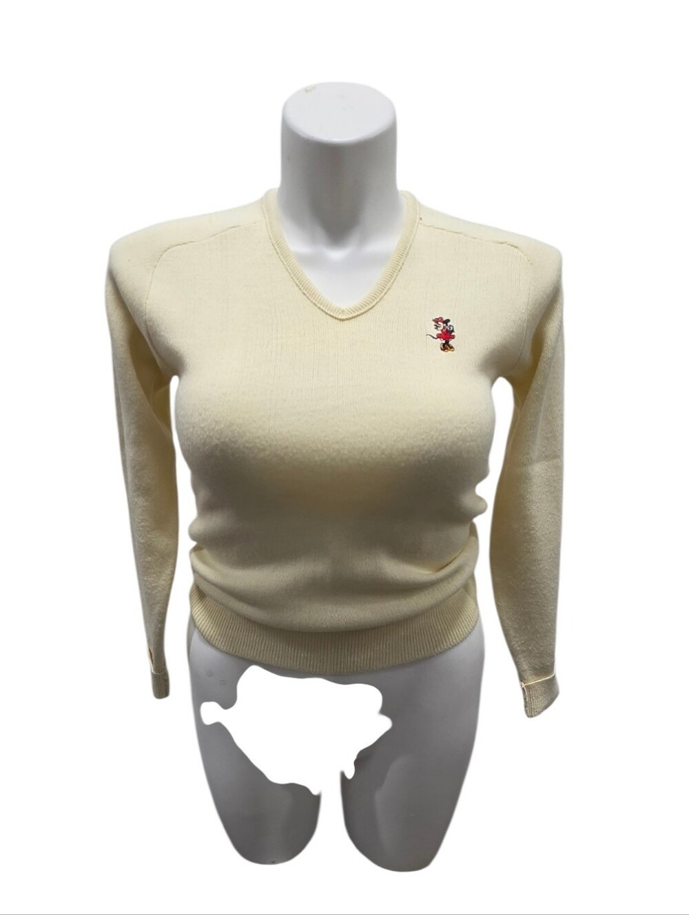 Vtg Walt Disney Productions Small Cream V-Neck Embroidered Minnie Mouse Sweater